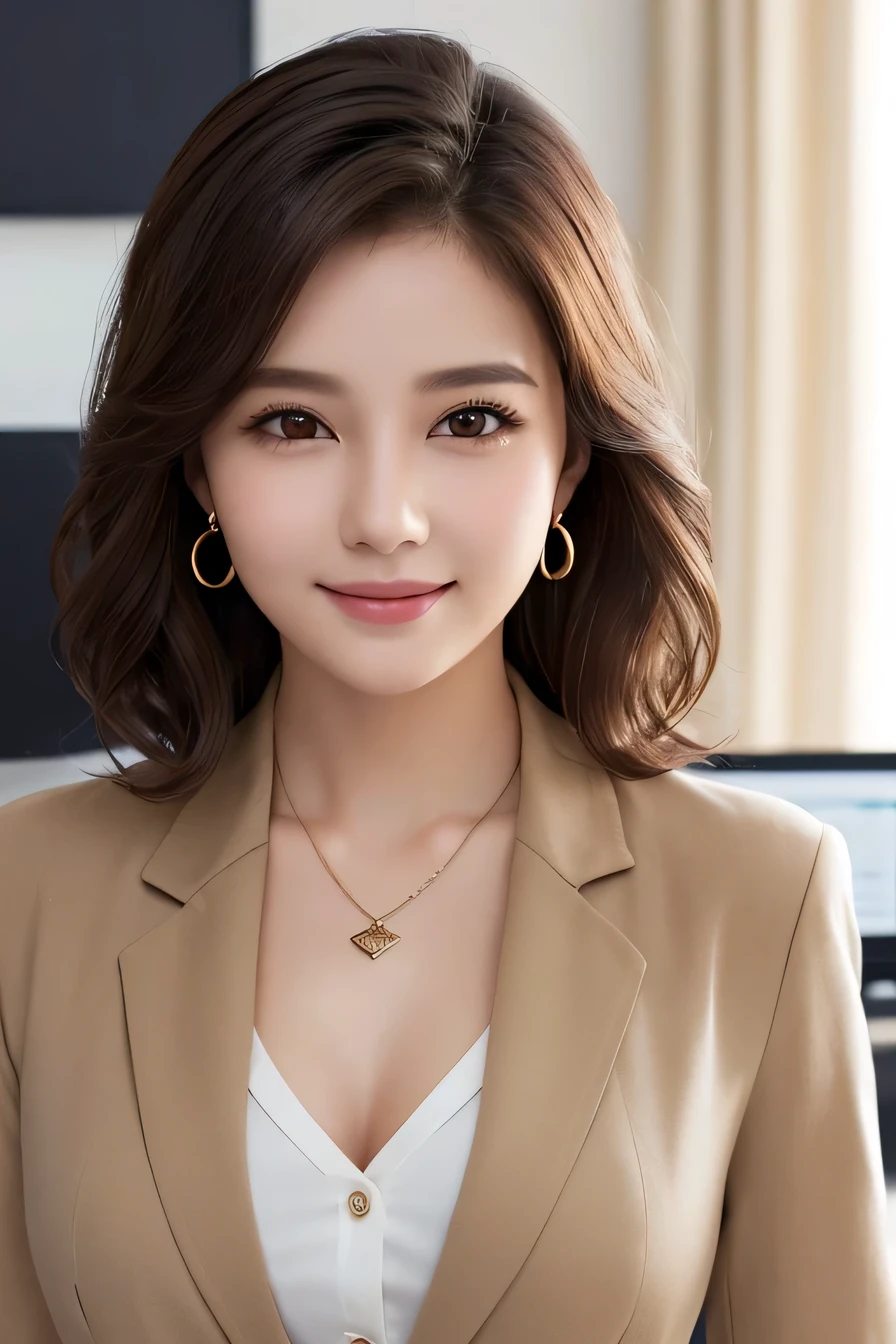 Beautiful young woman、 Intricate details, short hair、Wavy Hair、ear piercing、Closed Mouth Smile、、Brown Hair、 (Front view, ), Clear beauty, (High quality fabric, Office Lady Suits 、Jacket、Unbuttoned shirt、Necklace around the neck、Dark eyeliner、 The background is the office