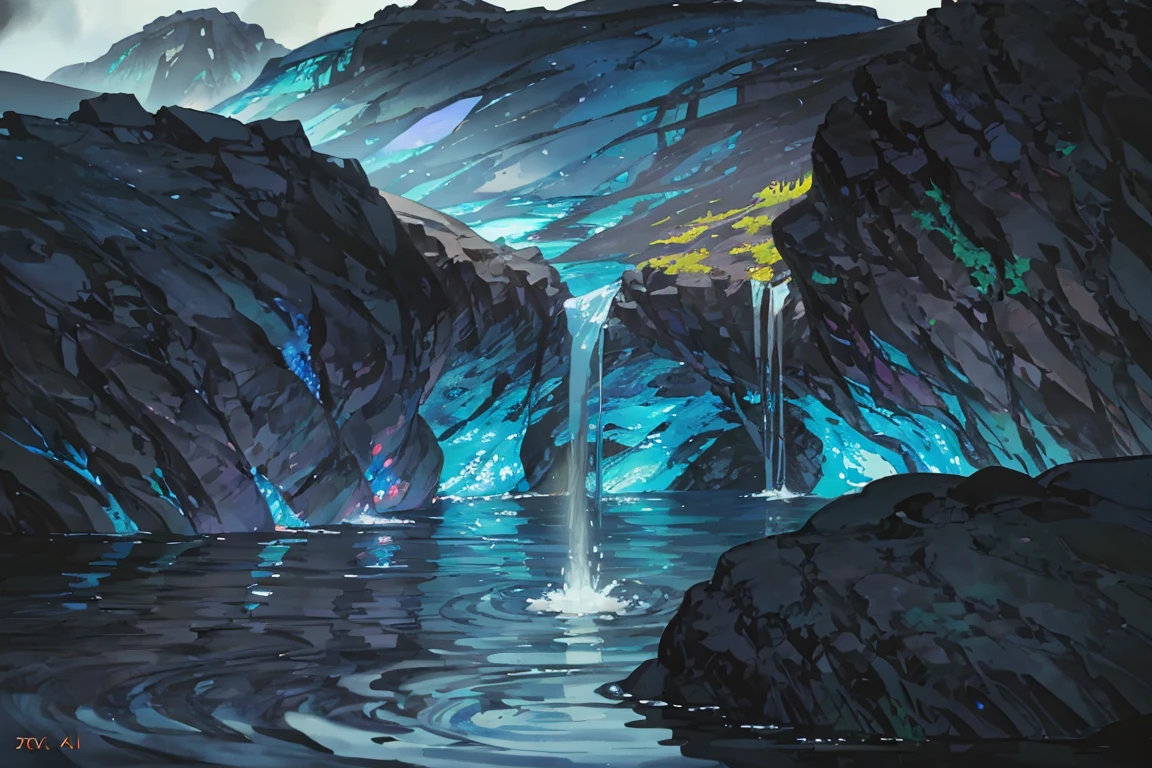 summer, blue lava rock area, blue lava rock formation, (illustration : 1.0), Narrative composition, realistic lighting, HD detail, masterpiece, best quality best, (Highly detailed CG integrated 8k wallpaper), wide and flat rocky area, A small, sharp, rough rock at the top of the screen., Blue liquid flowing through a crevice in the rock,