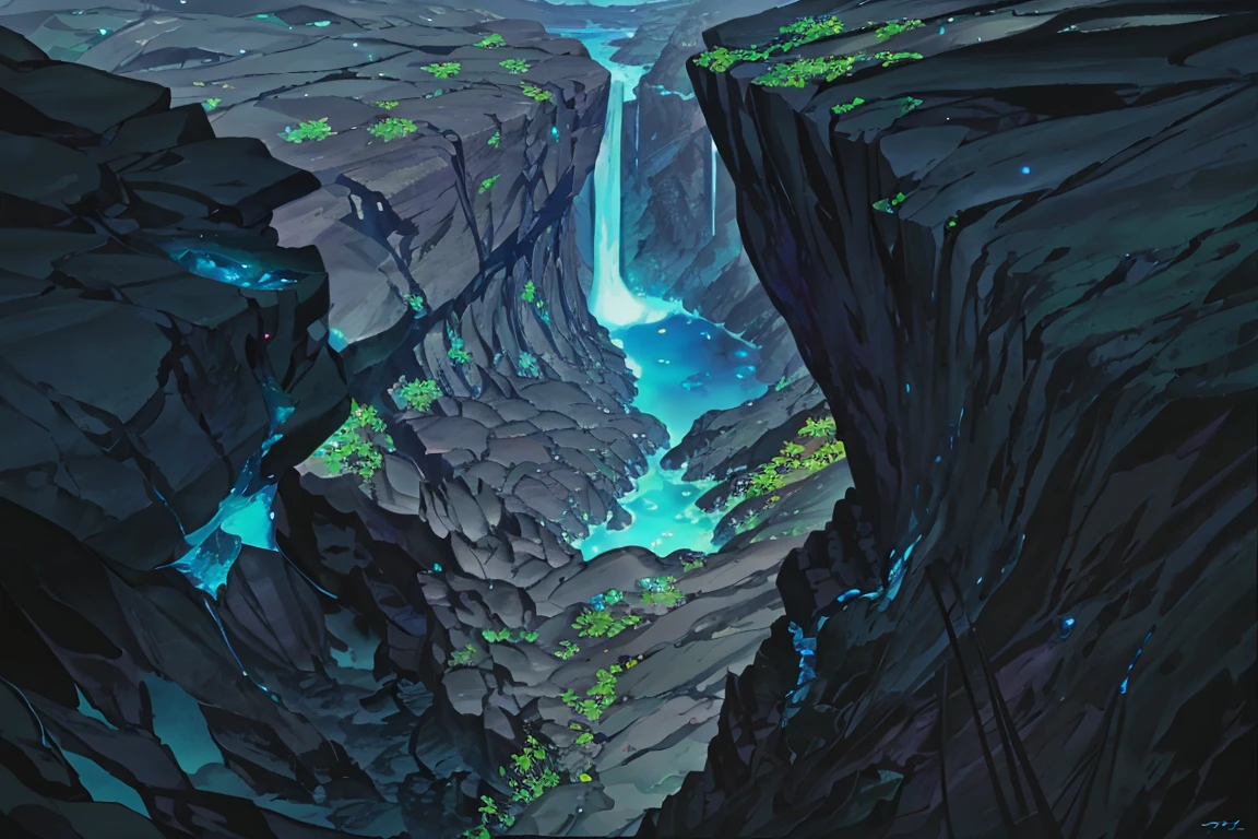 summer, blue lava rock area, blue lava rock formation, (illustration : 1.0), Narrative composition, realistic lighting, HD detail, masterpiece, best quality best, (Highly detailed CG integrated 8k wallpaper), wide and flat rocky area, A small, sharp, rough rock at the top of the screen., Blue liquid flowing through a crevice in the rock,