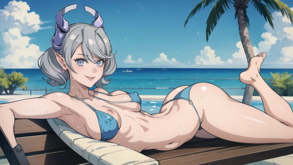 3 girls High level image quality best image quality 8K adult woman pool rain palm trees more colors whole body view portrait golden bikini horn ears short hair((shortcut)(gray hair)(perm)(fluffy)) eye color is blue , , attractive evil face , smile , sexy e , labrynth , hugging , nipples ying on the back , on bench by the pool , crossed ankles , all wet , view foot arc