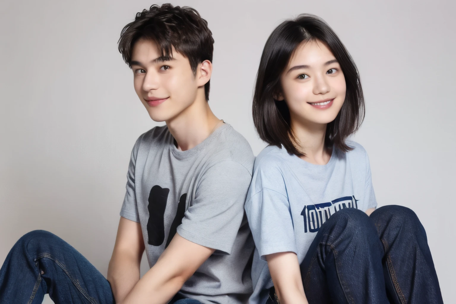 249 (An 18-year-old female and an 18-year-old male), (short hair),kind, lipstick, (Jeans andＴshirt), smile