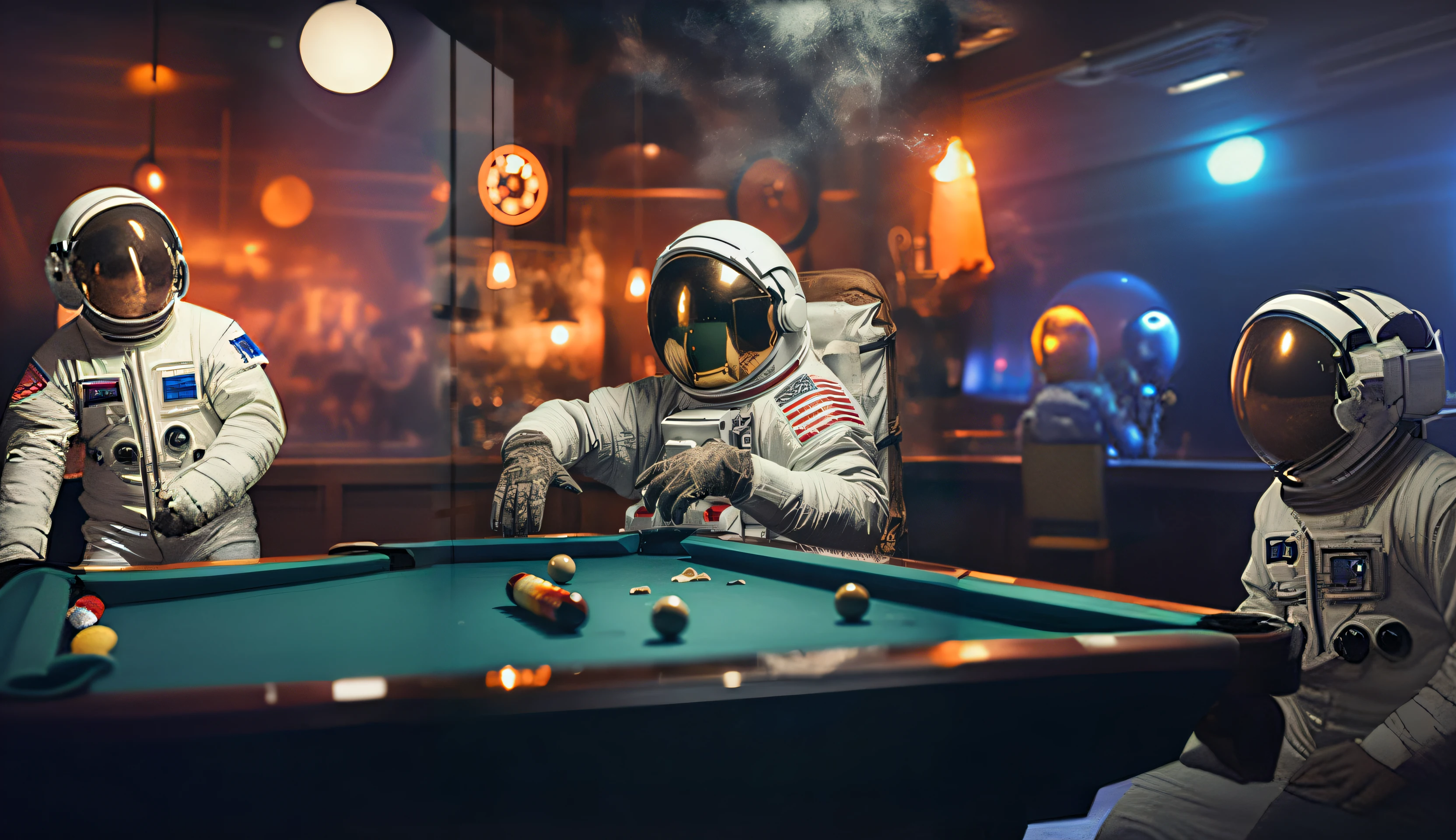 astronautes in spacesuits play billiards and billiards at a bar, astronaute, Astronautes américains, portrait d'astronaute, Astronautes et colonies spatiales, astronaute solitaire, fully combinaison spatialeed, Astronaute dans l'espace, un astronaute se détendant dans l'espace, cosmonaute, astronaute helmet, combinaison spatiale, portrait d'astronaute, astronaute détaillé, astronaute sur la lune, Bon espace désigné