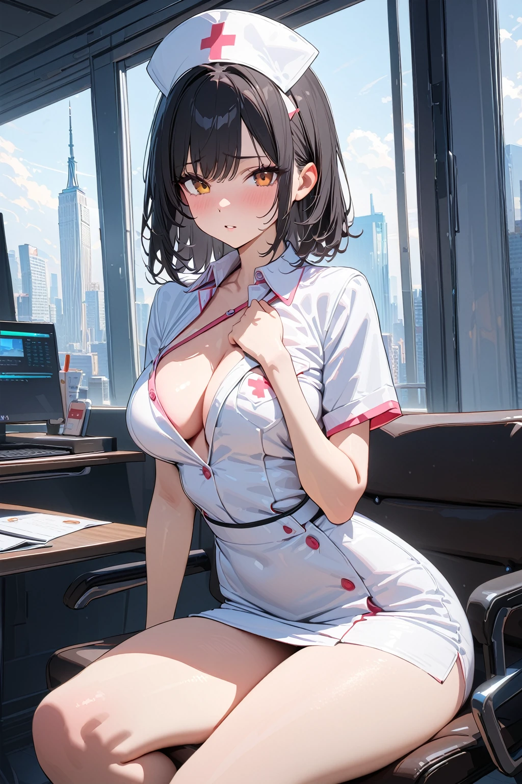 (masterpiece, best quality:1.5), (ultra detailed, high resolution, 8k, beautiful detailed, UHD, best anatomy), 1 cool girl, black hair, medium breasts, nurse, nurse cap, breast pocket, collared dress, short dress, short sleeves, thighs, white dress, white headwear