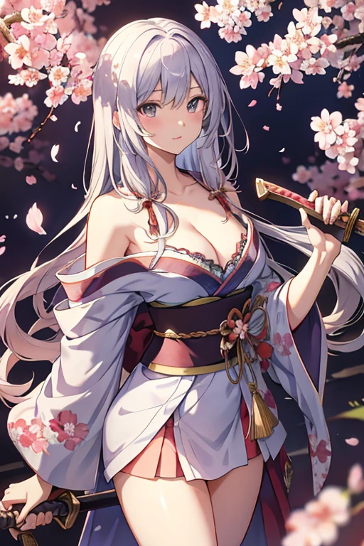 Kimono with fluttering chest、Cleavage、Thighs、17 years old、Holding a sword in one hand、Beautiful Girl Swordsman（（E Cup、Long silver hair）、Cherry blossom background