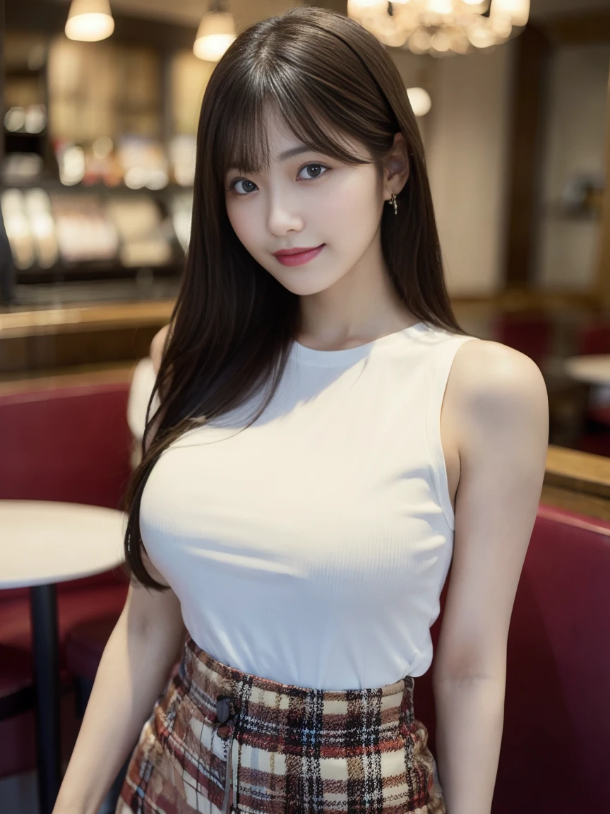 masterpiece,full body, (beautiful eyes: 1.2) ultra hot sexy sensual young woman, standing in a cafe, sofa on background has winered color, long white official shirt, plaid patterned short expensive skirt, having a coffee cup with right hand, touch the table with left one,( blur background ), detailed eye, Puffy eyes, rim lights, Facing straight ahead, straight short hair, black hair, BREAK top-quality, high resolution, (Realisticity: 1.4), japanese, Asian Beauty, Super beauty, Beautiful skin, (big boobs), body facing forward, (wide shot), (wide field of view), , full body shot, city background, (A hyper-realistic), (hight resolution), (8K), (ighly detailed), (beautifully detailed eyes), (ultra-detailliert), (wal 1-), (Natural smile). A detailed face, looking at viewert, age19, tall