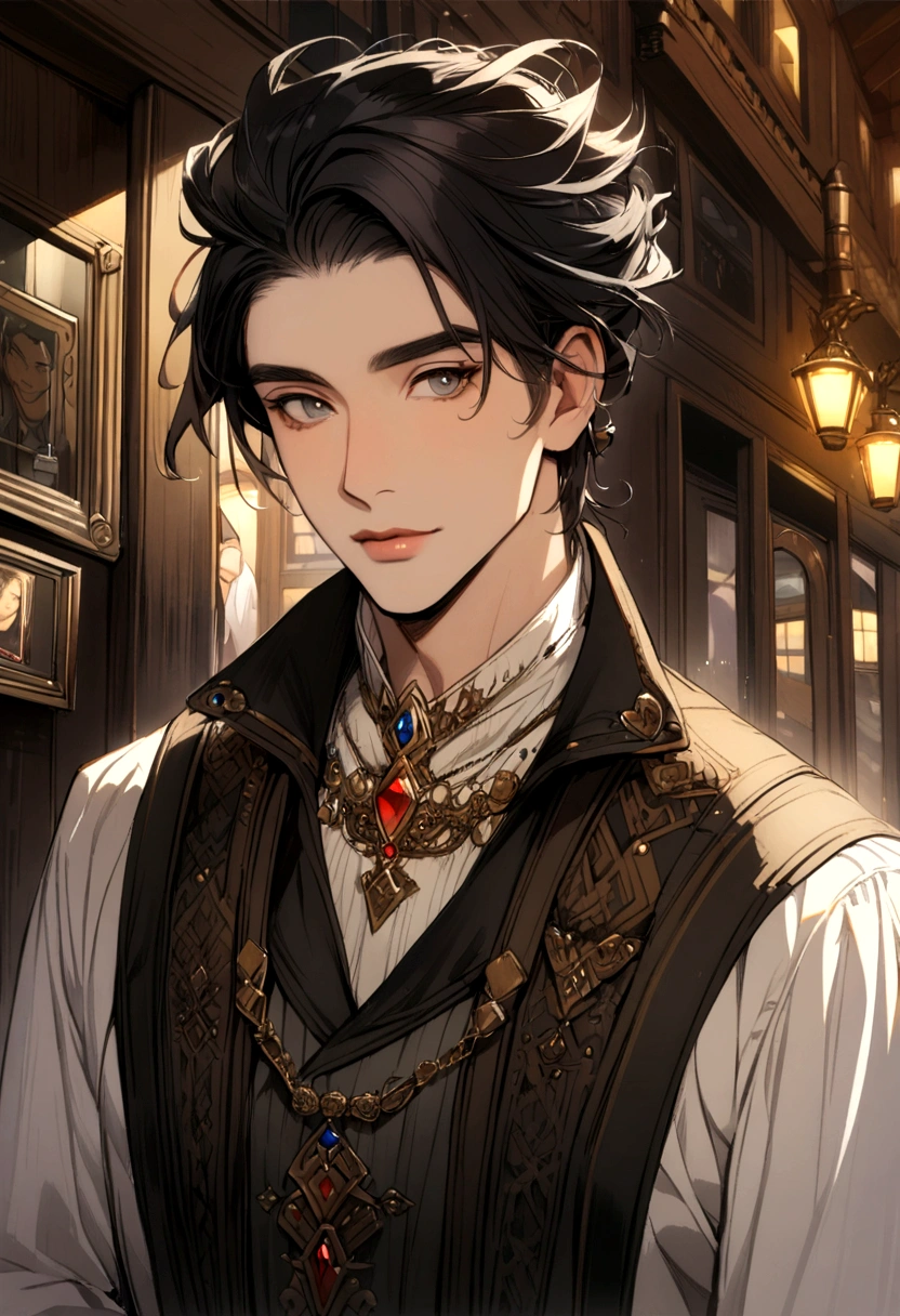 a boy, blackhair, pub, Character portrait,  Fashionable clothes, Fantasy,