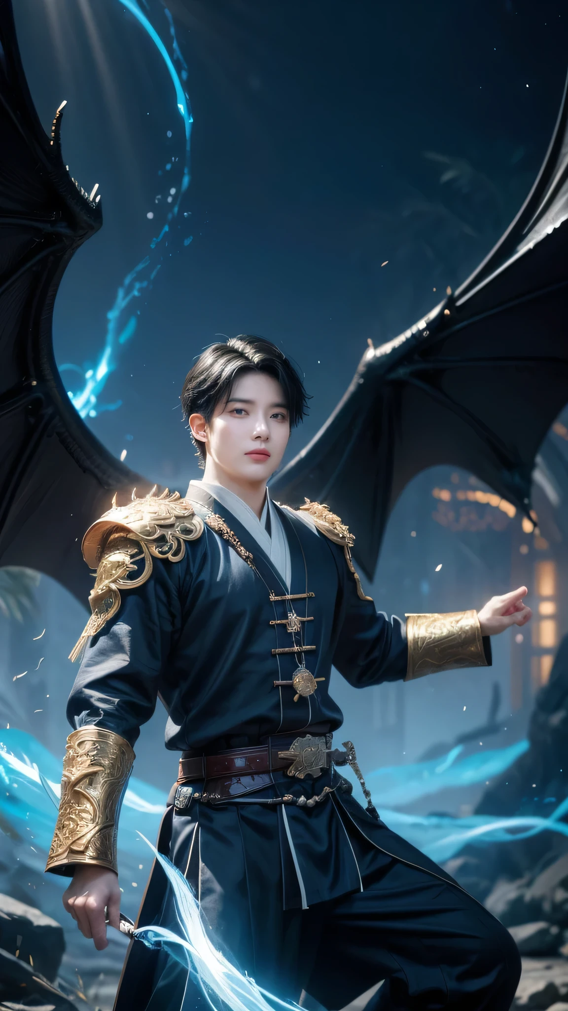 This is a carefully designed fantasy portrait,Depicts a man of great stature、Strong-willed、A seventeen-year-old boy with spiritual energy, A huge bright blue light appeared behind him., Shiny black hair, Dragons and phoenixes fly, Golden Light, Chinese martial arts styles.