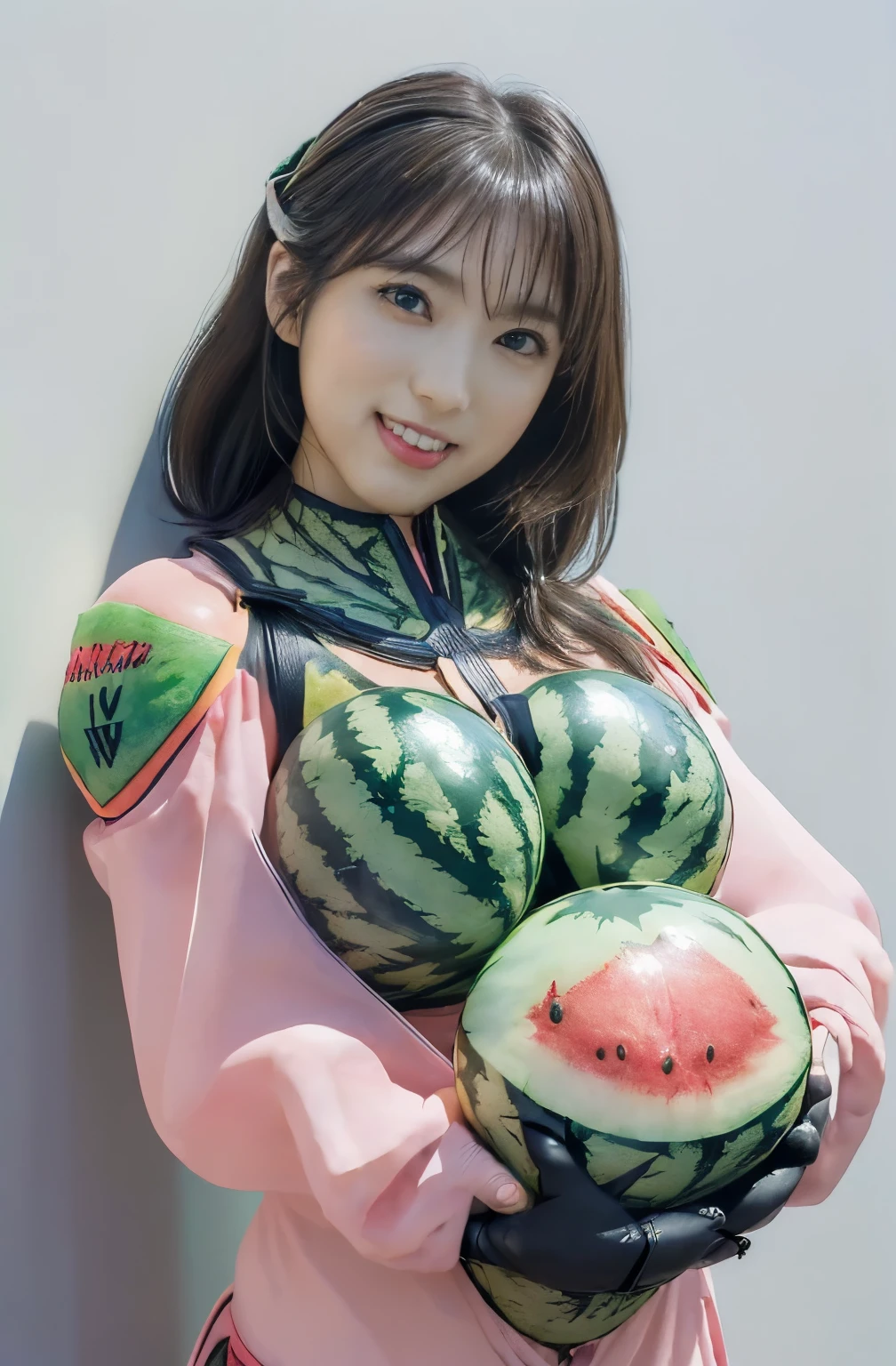 (high resolution,masterpiece,best quality,extremely detailed CG, anime, official art:1.4), realistic, full body, photo, amazing fine details, all intricate, gloss and shiny,awesome many layers, 8k wall paper, 3d, sketch, kawaii, illustration,( solo:1.4), perfect female proportion,villainess, (fusion of watermelon and lady:1.4), (two round shape green watermelon balls on breasts costume:1.6), (watermelon  lady:1.2), (fusion:1.2), (solo:1.4), (evil smile:1.2), muscular, abs, (watermelon exoskeleton bio insect suit:1.4), (watermelon exoskeleton bio insect armor:1.2), (two green watermelons  cover up breasts:1.5), (watermelon headgear:1.1),
