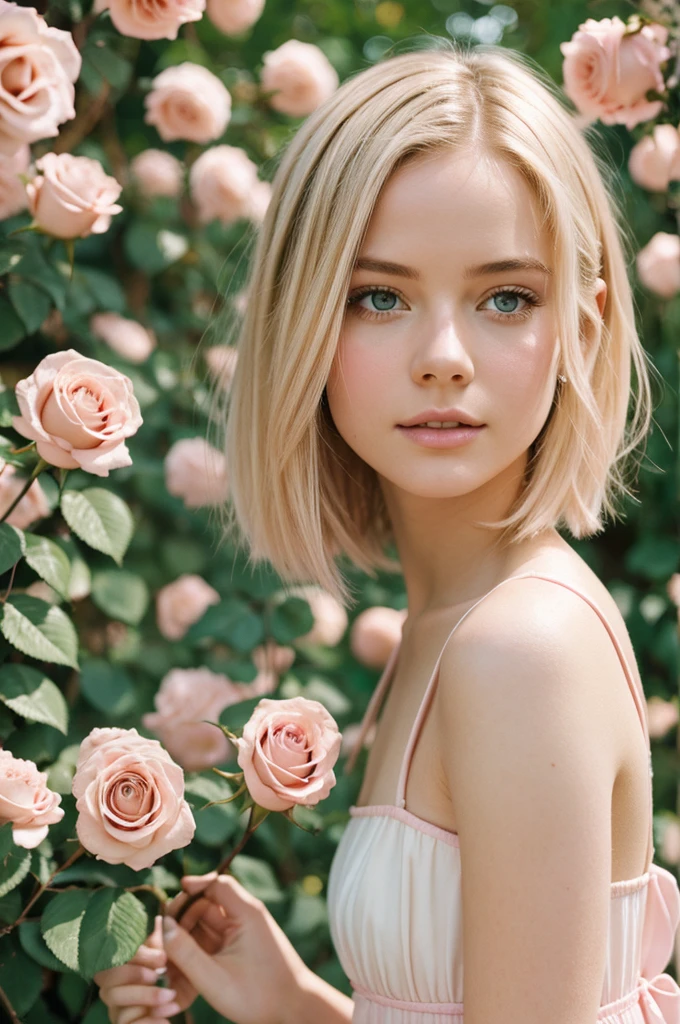 8k, photo and gross, fujifilm, Style photography of a beautiful young girl like Avril in a light pink rose garden. (very detailed skin: 1.2) Style-Petal BREAK short hair, blonde hair with colored highlights, wearing a dress, film grain, 35mm, beautiful style