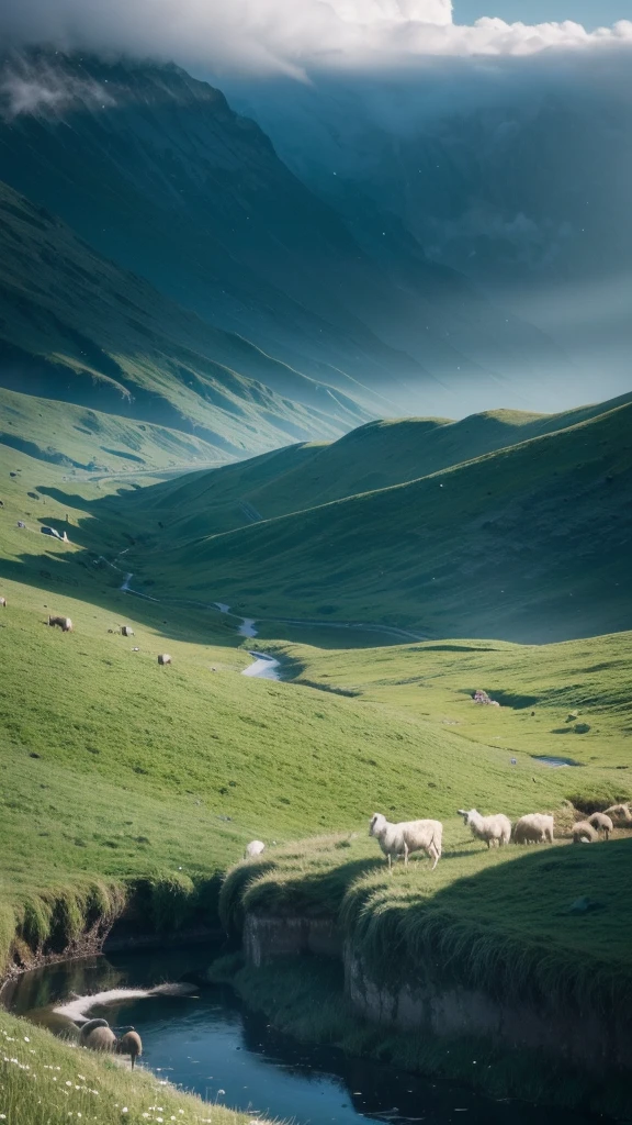 The shepherd led the white flock to rest by the stream, Close to vast green meadows, There is a valley covered with dark clouds in the distance, Below the valley is the abyss, Dark clouds of the abyss, High-resolution details, Ultra Detail, Soft Light, Deep field focus bokeh, Ray Tracing.