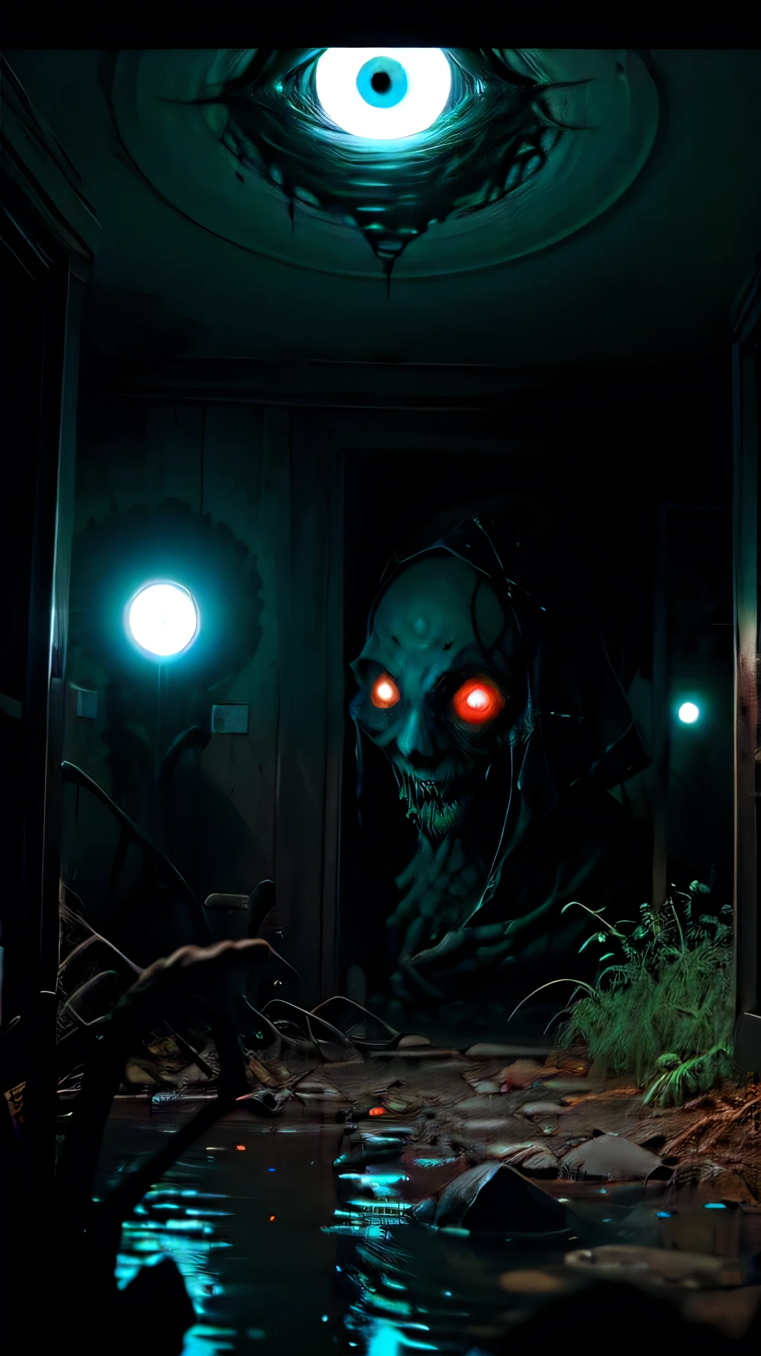 8K,(masterpiece),Highest quality,masterpiece,(Very complicated:1.2),(Realistic:1.4),(Very delicate),Ultra-realistic,Concept Art,Very detailed,Volumetric lighting,Octane Rendering,Global Illumination,Dramatic lighting,Gnawo,terrorism,Anxious,Horror \(theme\), ((Classicism)),wide_shot,Fisheye Lens, One girl,alone,Gothic,eerie swamp,sci-fi Horror,Style - Swamp Magic,Eldritch,universe,Dark Energy, The void of madness,Glowing Eyes,(Extra Eyes),evil,evil smile,tooth_outside,sharp_teeth,Red eyes,