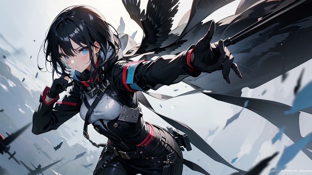 A woman with long straight black hair,Realistic illustrations,Beautiful Face,Cool look,Grey eyes with dilated pupils,Small demon horn,Female Kirito