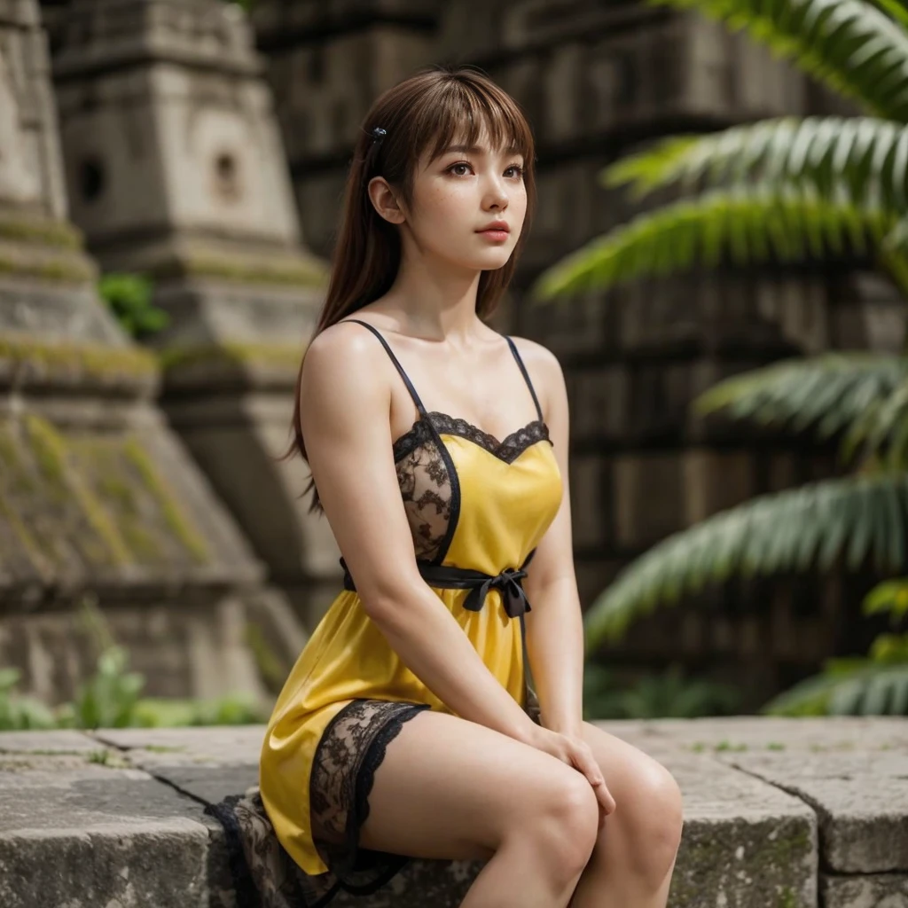 Kasumi, brown eyes, (best quality, ultra-detailed), (realistic:1.37), beautiful and detailed face, ultra-realistic texture, delicate face, delicate body, red lipstick, bright colors. High definition, 8K,