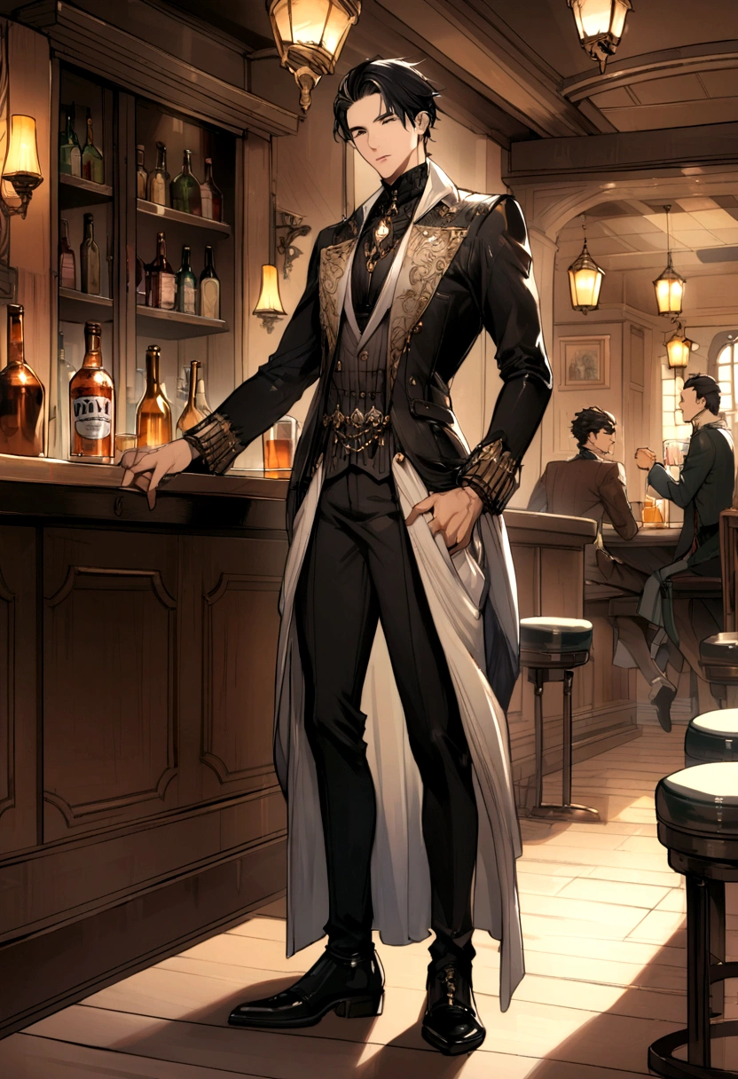 a boy, blackhair, pub, Character portrait, Fashionable clothes, Fantasy,whole body