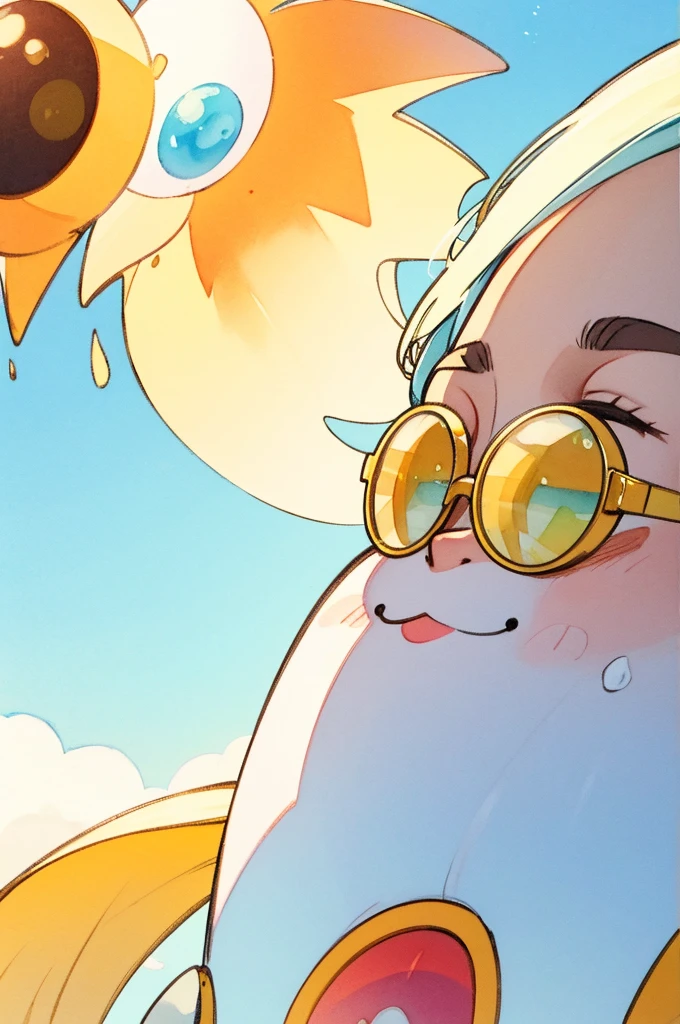 In a white background, create a cute Sun cartoon with sunglasses in a watercolor style. The background should be clean and minimal to keep the focus on the adorable Sun. and Sun should represent the essence of Summer vibes.