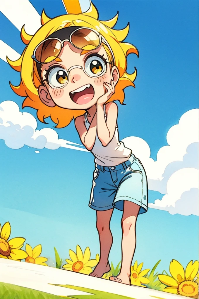 In a white background, create a cute Sun cartoon with sunglasses in a watercolor style. The background should be clean and minimal to keep the focus on the adorable Sun. and Sun should represent the essence of Summer vibes.