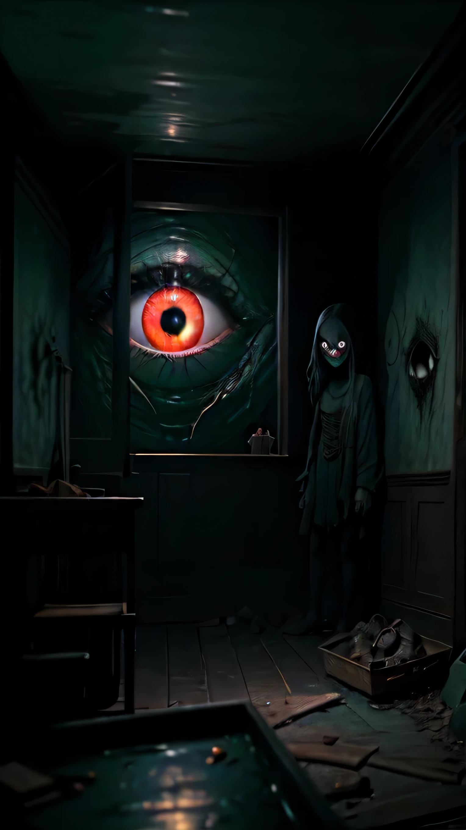 8K,(masterpiece),Highest quality,masterpiece,(Very complicated:1.2),(Realistic:1.4),(Very delicate),Ultra-realistic,Concept Art,Very detailed,Volumetric lighting,Octane Rendering,Global Illumination,Dramatic lighting,Gnawo,terrorism,Anxious,Horror \(theme\), ((Classicism)),wide_shot,Fisheye Lens, One girl,alone,Gothic,eerie swamp,sci-fi Horror,Style - Swamp Magic,Eldritch,universe,Dark Energy, The void of madness,Glowing Eyes,(Extra Eyes),evil,evil smile,tooth_outside,sharp_teeth,Red eyes,