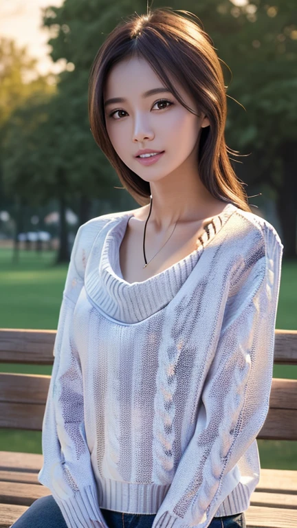 Purelos Face_v1:0.3, Highest quality, masterpiece、Photorealistic, In 8K, High resolution, Full Color, One Girl, woman, 20歳woman, (Skin Dentition), (Portraiture:0.6), wood, Park bench, Dawn, ((Park Background:1.52)), Full Color, ((Neck sweater:1.68)), Look directly at the viewer:1.8, (The girl's eyes looking at the viewer:1.55), (short hair, Black-haired, Parted hair:1.45), (Bokeh),