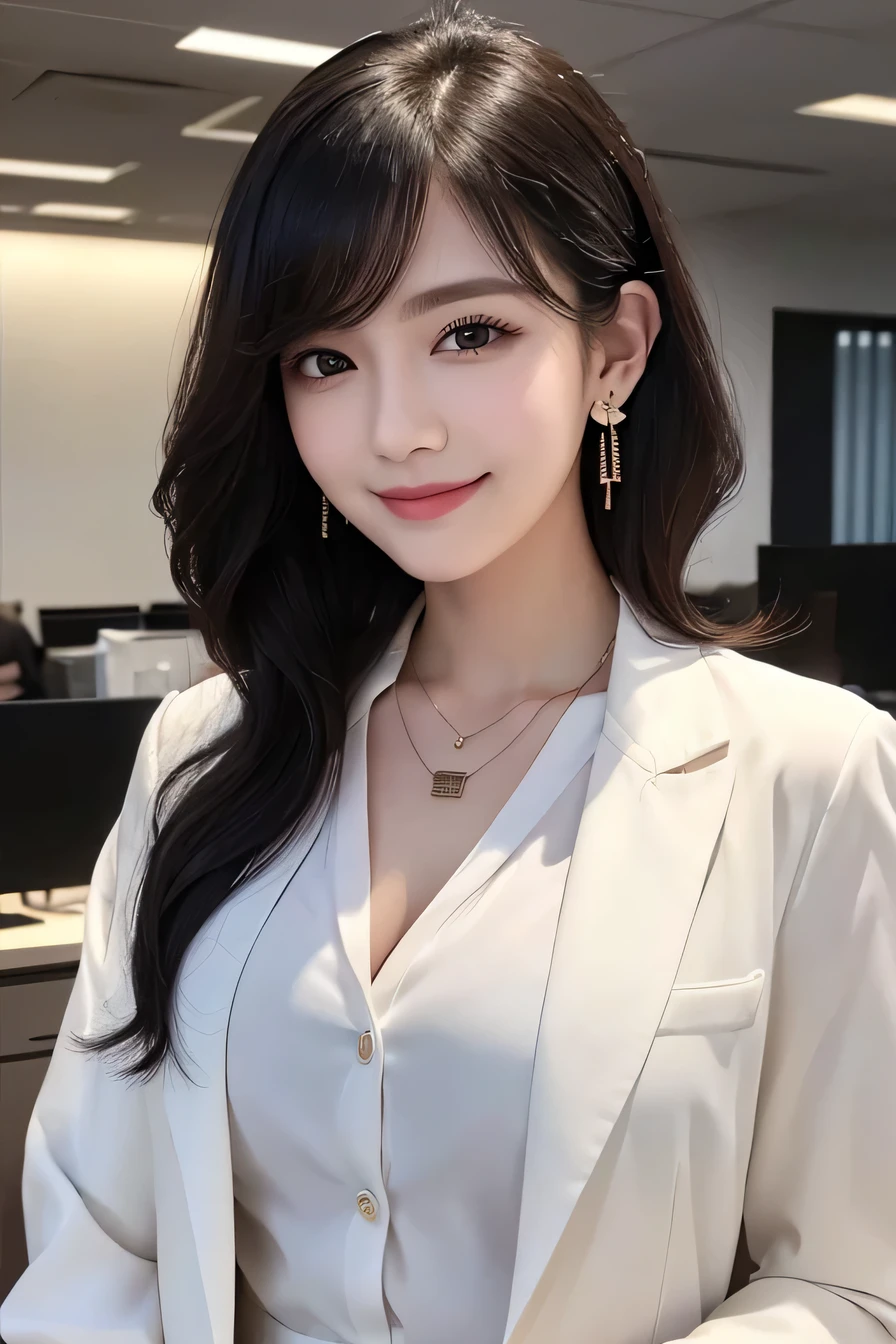 Beautiful young woman、 Intricate details, short hair、Wavy Hair、ear piercing、Closed Mouth Smile、、Black Hair、 Clear beauty, (High quality fabric, Office Lady Suits 、Jacket、Unbuttoned shirt、Necklace around the neck、Dark eyeliner、 The background is the office