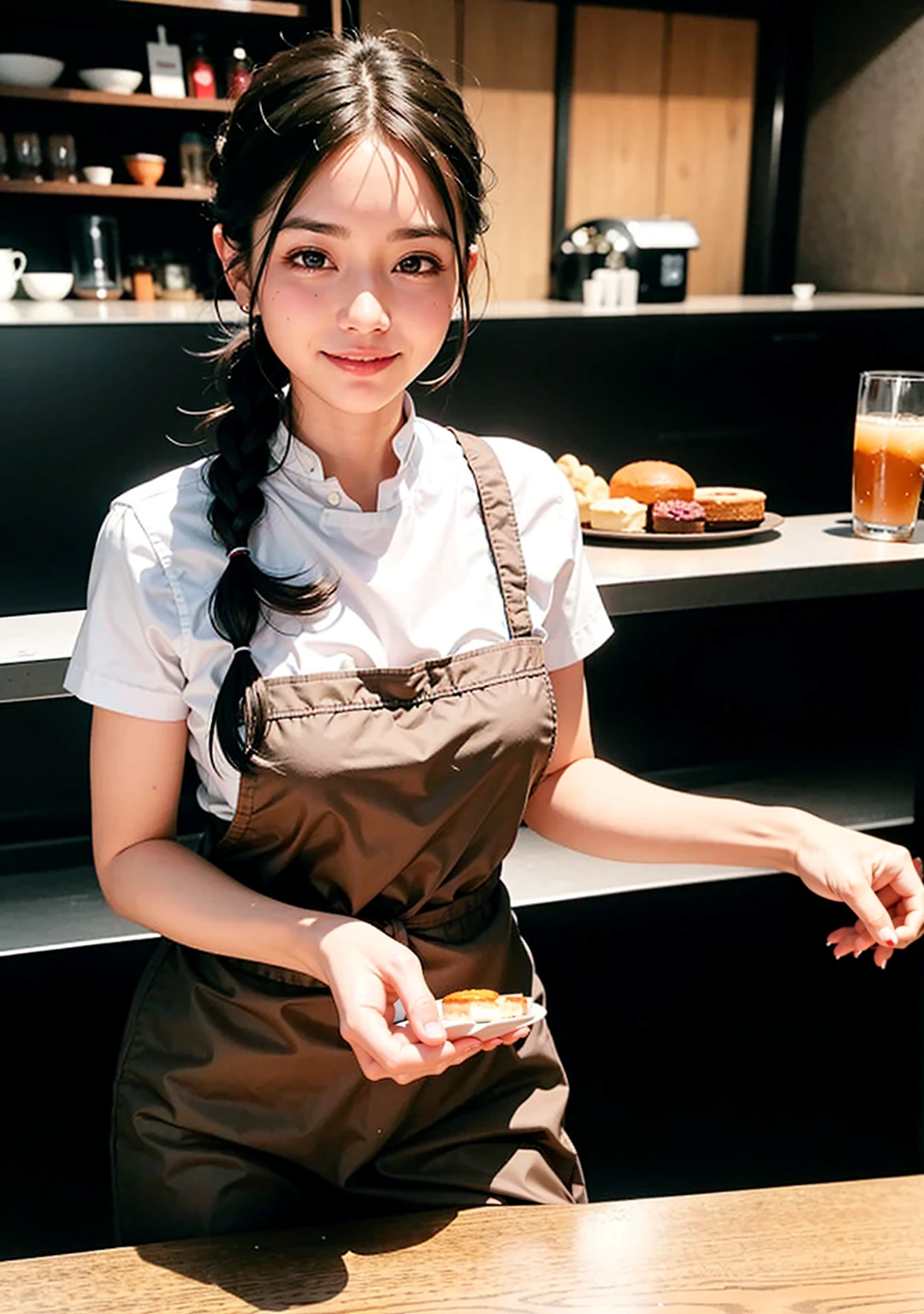 View your viewers,Cinematic Light, Ultra-high resolution, 8K Ultra HD, Film Grain, 40 year old cute and beautiful waitress,Asian, At the cafe,White apron,Brown shirt,Sunburn,Braiding, Black Hair,Are standing,Very fine eye, Gradient Eye,smile,Open your mouth,Sparkling brown eyes, Watercolor background, {{{Waitress Suit}}},Cafe table, guest,food,cake,coffee,coffee cups,SFW:1.8,