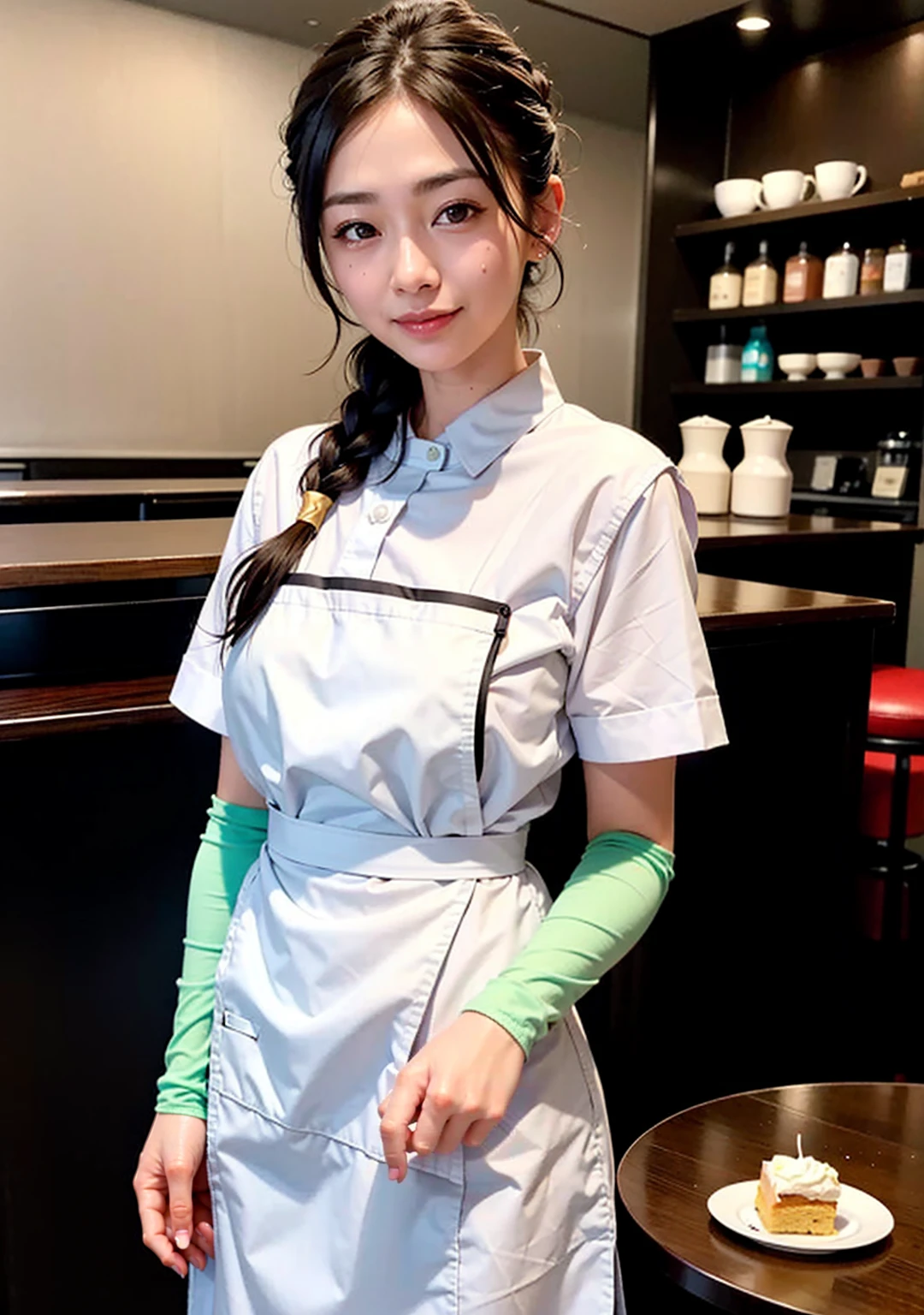 View your viewers,Cinematic Light, Ultra-high resolution, 8K Ultra HD, Film Grain, 40 year old cute and beautiful waitress,Asian, At the cafe,White apron,Brown shirt,Sunburn,Braiding, Black Hair,Are standing,Very fine eye, Gradient Eye,smile,Open your mouth,Sparkling brown eyes, Watercolor background, {{{Waitress Suit}}},Cafe table, guest,food,cake,coffee,coffee cups,SFW:1.8,