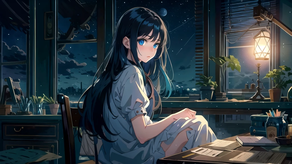 Create an illustration of a girl with black hair and blue eyes, sitting in a chair in front of a desk, Has a sentimental, introspective look。, The moonlight gently shines into the room, Gently illuminate the space, Curtains sway in the wind, Increase tranquility, Gloomy mood, Emphasise the theme of loneliness, silence, And the depths of night, The room is dark、Dimly lit by moonlight