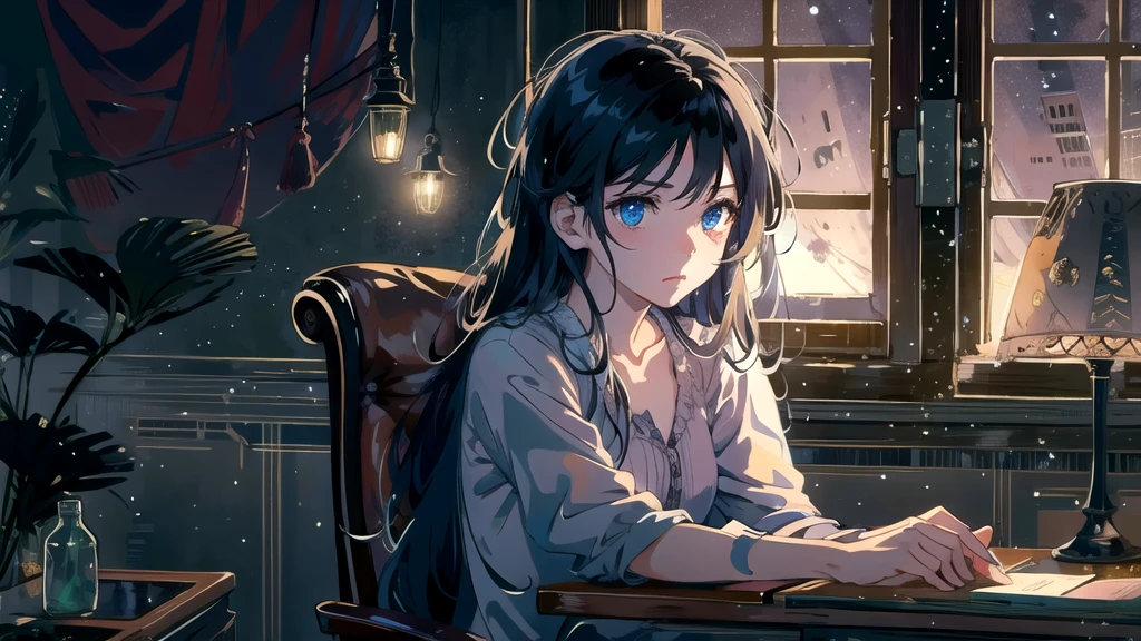 Create an illustration of a girl with black hair and blue eyes, sitting in a chair in front of a desk, Has a sentimental, introspective look。, The moonlight gently shines into the room, Gently illuminate the space, Curtains sway in the wind, Increase tranquility, Gloomy mood, Emphasise the theme of loneliness, silence, And the depths of night, The room is dark、Dimly lit by moonlight