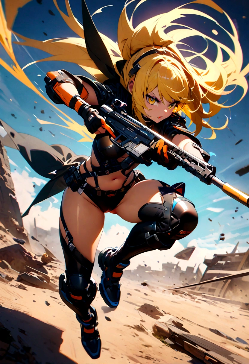 Combat Actions, Holding Weapons, Full Body,yellow HAIR, Super Sexy ,ultra-detailed, ((High resolution)),((high detailed))