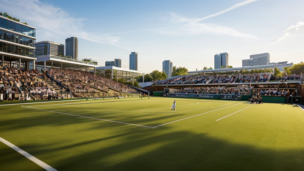 a panoramic view of LONDON Wimbledon striped tennis court in on a sun day, where golden light bathes the iconic clay courts. Without players. The stadium’s modern yet elegant architecture frames the action against the London city skyline with london eye. This panoramic view captures the timeless allure of tennis and the vibrant spirit of London on a bright day