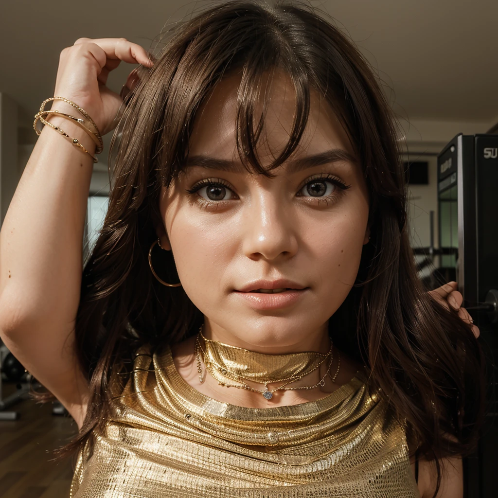 1girl in, 30 years old, Square face, Long hair, Looking at viewer, jewelry, Reality, Sexy, sexy outfit, gym background, free pose