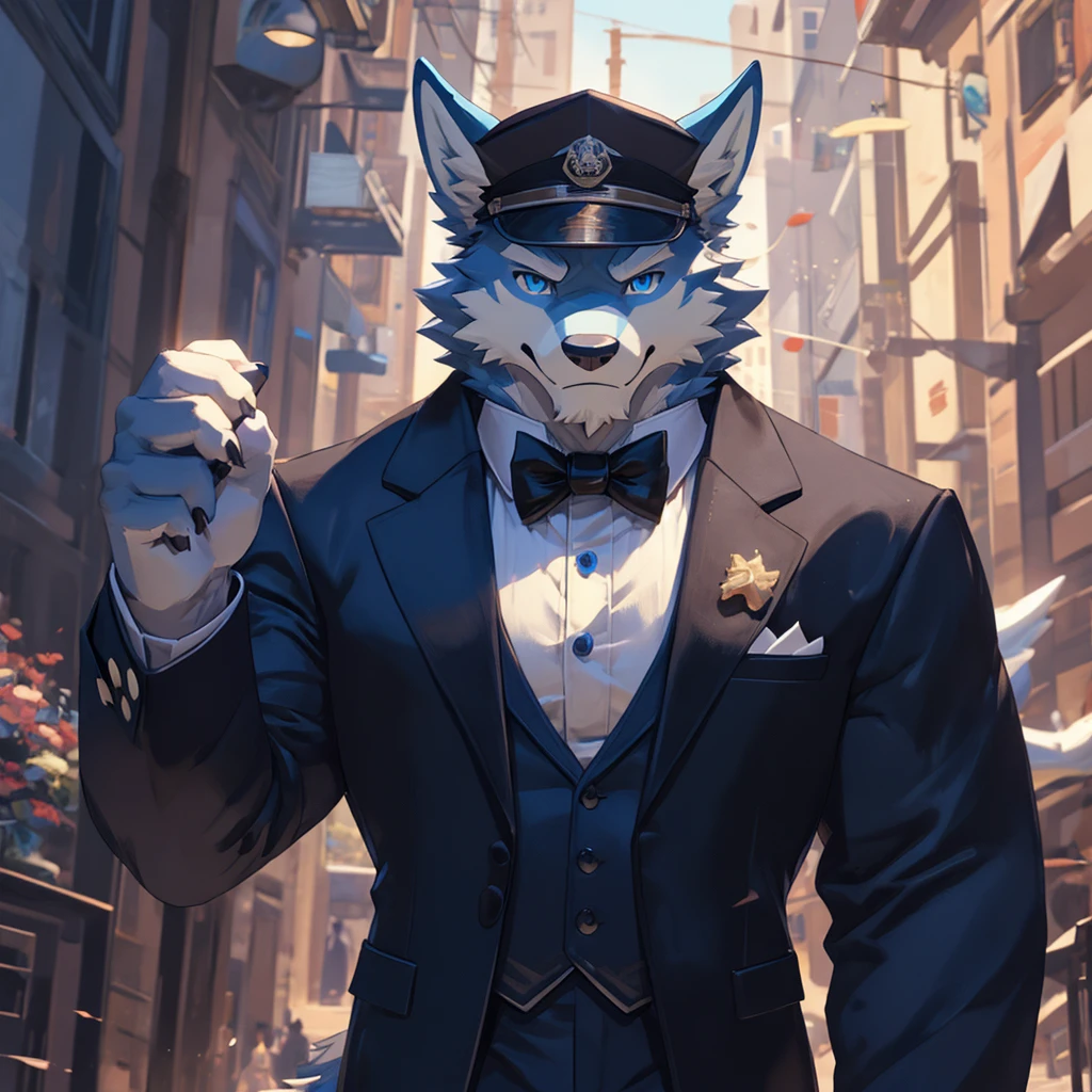 Masterpiece, Solo, Furry Light Blue Wolf, Light Blue Fur,Dark Blue Eyes, Dragon Horns,huge body, Muscular Body, Cool Pose, Charming, Handsome, Good Looking, tuxedo outfit, cap, cock