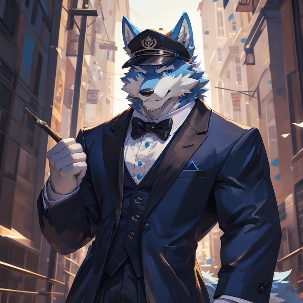 Masterpiece, Solo, Furry Light Blue Wolf, Light Blue Fur,Dark Blue Eyes, Dragon Horns,huge body, Muscular Body, Cool Pose, Charming, Handsome, Good Looking, tuxedo outfit, cap, cock