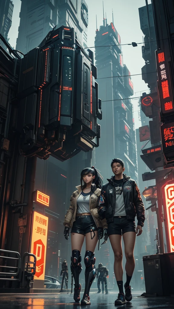 beautiful girl in short shorts and jacket standing next to brutal giant mecha cyborg, artwork in the style of guweiz, cyberpunk beautiful girl mech, trending on cgstation, guweiz, by Russell Dongjun Lu, digital cyberpunk art, ross tran 8 k, guweiz on artstation pixiv, girl in mecha cyber armor.