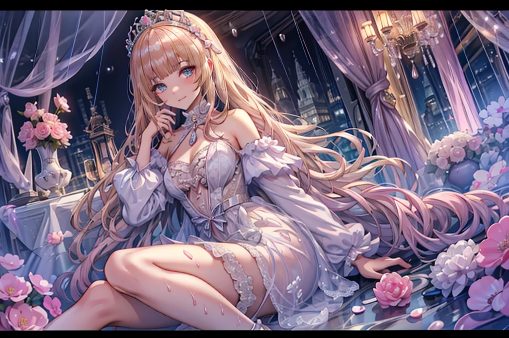 Ruffles sewn into a large number of clothes Panier Berry Long Skirt Illustrated style Anime Style Frown Very small mouth Smile shyly ergarteners Very short stature Babyutiful girl Very cute clothes very large chest Very distended chest Pink cheeks In the city Princess Room Sleeping in a cute frilly bed with a canopy Blonde Long Hair Super Curly Hair Super long sideburns 濡れて透けたSee-throughの衣服 Wet and sheer turtleneck shocking pink silk wedding dress Princess Tiara Wet and transparent very long shocking pink silk skirt Wet and transparent pearl white silk tights Wet and transparent pearl white silk innerwear Metallic luster A large amount of hot pink silk ribbons attached to the clothes Soaked in the rain Wet and transparent pearl white super long silk gloves Shocking pink silk pantyhose with fine embroidery that becomes transparent when wet silk garter belt Pitiful clear Big eyes Droopy eyes Shocking Pink Rouge Super long white leather boots Wet and see-through white silk bodysuit See-through Clothes that are see-through from the rain Clothes are wet with sweat and transparent