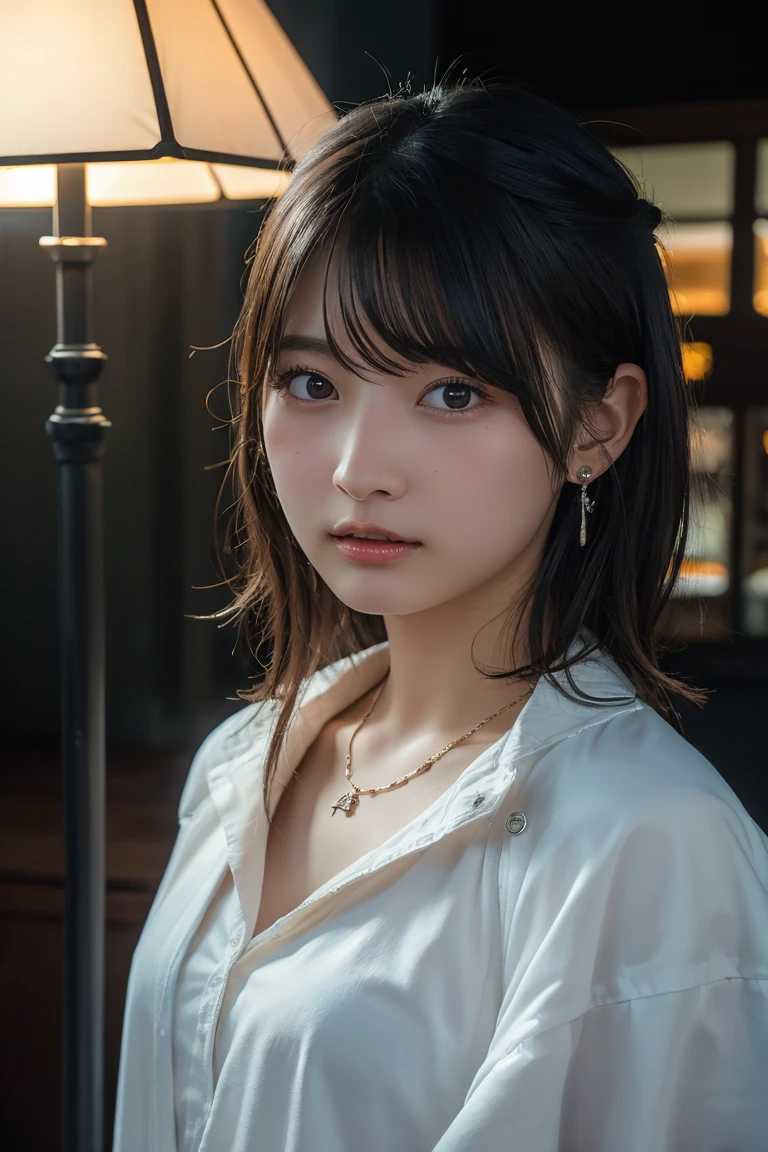 (Highest quality:1.4),(masterpiece:1.4),(Realistic:1.4),(Realistic:1.2),(超High resolution, RAW Photos:1.4),(High resolution, Ultra-detailed:1.2),(8K:1.2),View your viewers,Cinematic photography,One girl,skeletally correct,Black-haired woman,(Small earrings,necklace,Angel Cosplay,View from the front),(Western-style building interior,Dimly lit room,The lamplight shines on my cheeks)