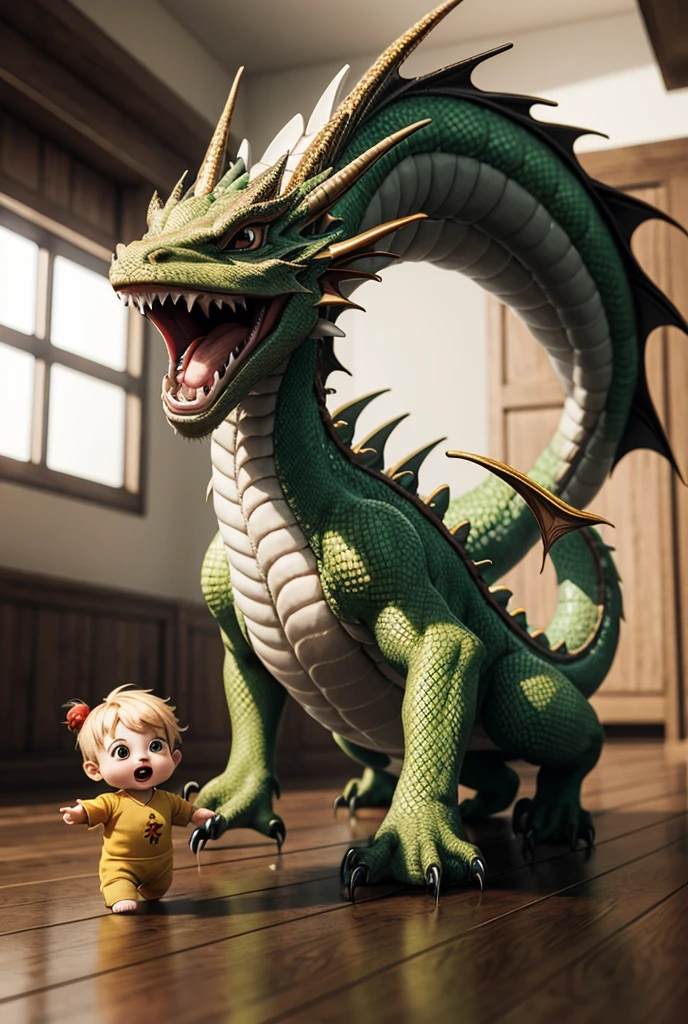 a great photo of 3D cartoon cute baby character, tiny chibi (dragon:1.3)_ realistic, dynamic, action 