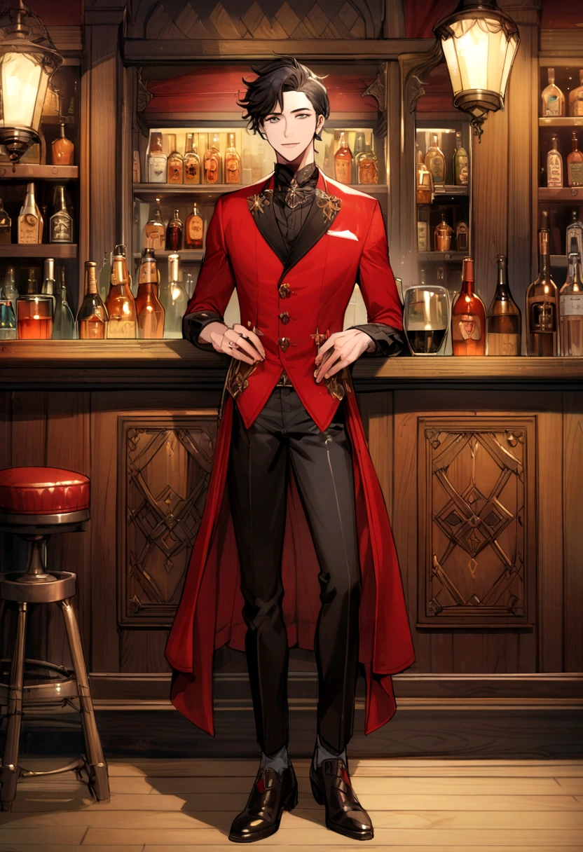 a boy, blackhair, pub, Character portrait, Fashionable clothes, Fantasy,whole body, Red clothes