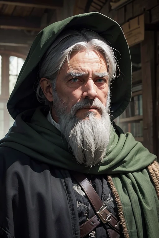 An old man with gray hair and a beard stands in an old torn green cloak, eyes hidden under the hood