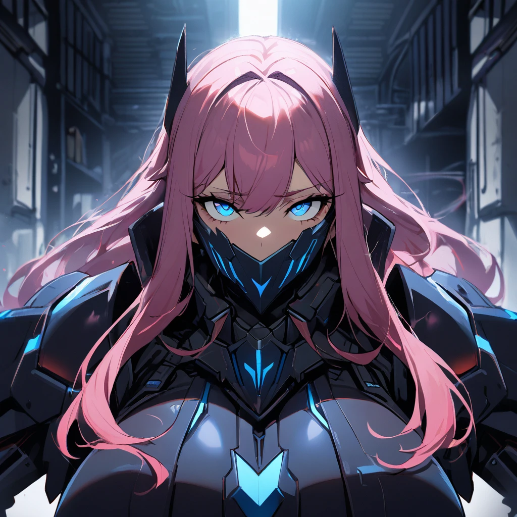 1girl,solo,pink hair color,long hair,light blue eyes,gigantic huge breasts,Wearing black sci-fi armor,Armor adheres closely to body lines,Cyber mask covering mouth,expressionless,icy stare,cold expression,Ruthless,disgusted eyes,close mouth,looking at viewer,standing up,near,,In a dimly lit warehouse