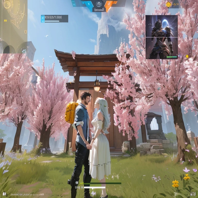 Arafed image of a man and woman standing in front of a door., In the game, In the game, How to Play screenshot with ui, In the game, game screenshot, pc game with user interface, in-game image, In the game screenshot, <mmorpg scene, game screenshot, computer screenshot, How to Play, How to Play screenshot, ethereal and wick theme, How to Play still