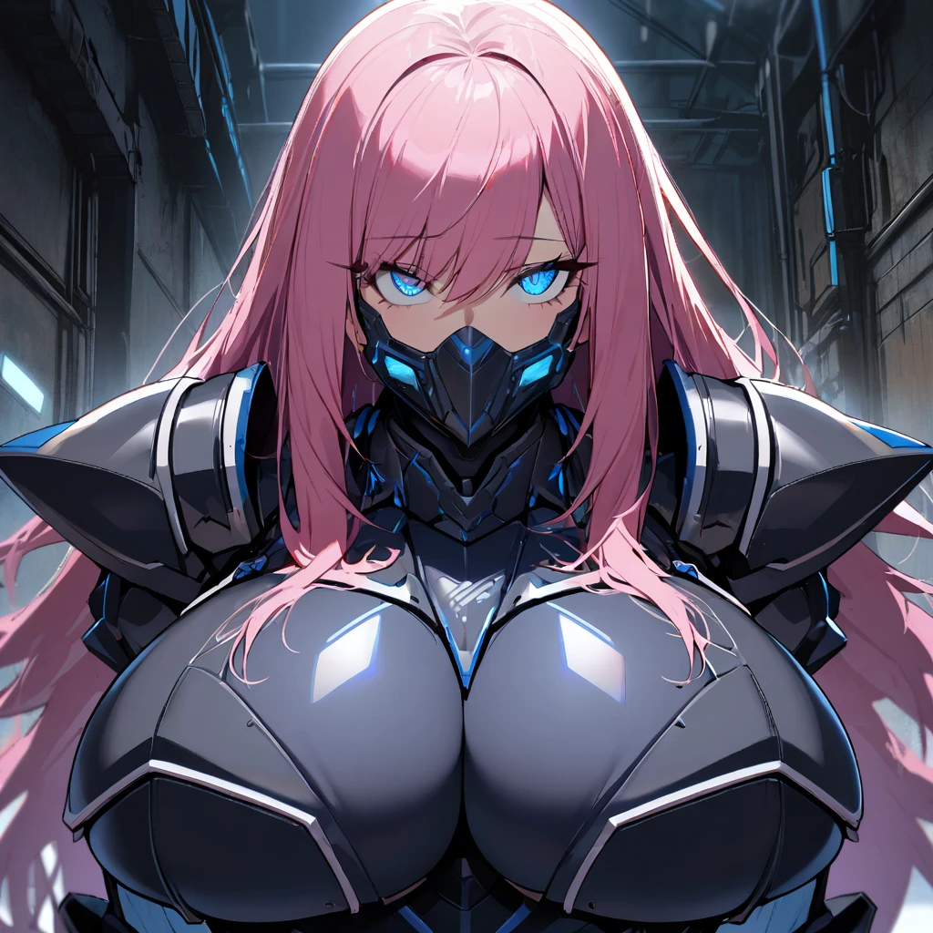 1girl,solo,pink hair color,long hair,light blue eyes,gigantic huge breasts,Wearing black sci-fi armor,Armor adheres closely to body lines,Cyber mask covering mouth,expressionless,icy stare,cold expression,Ruthless,disgusted eyes,close mouth,looking at viewer,standing up,near,,In a dimly lit warehouse