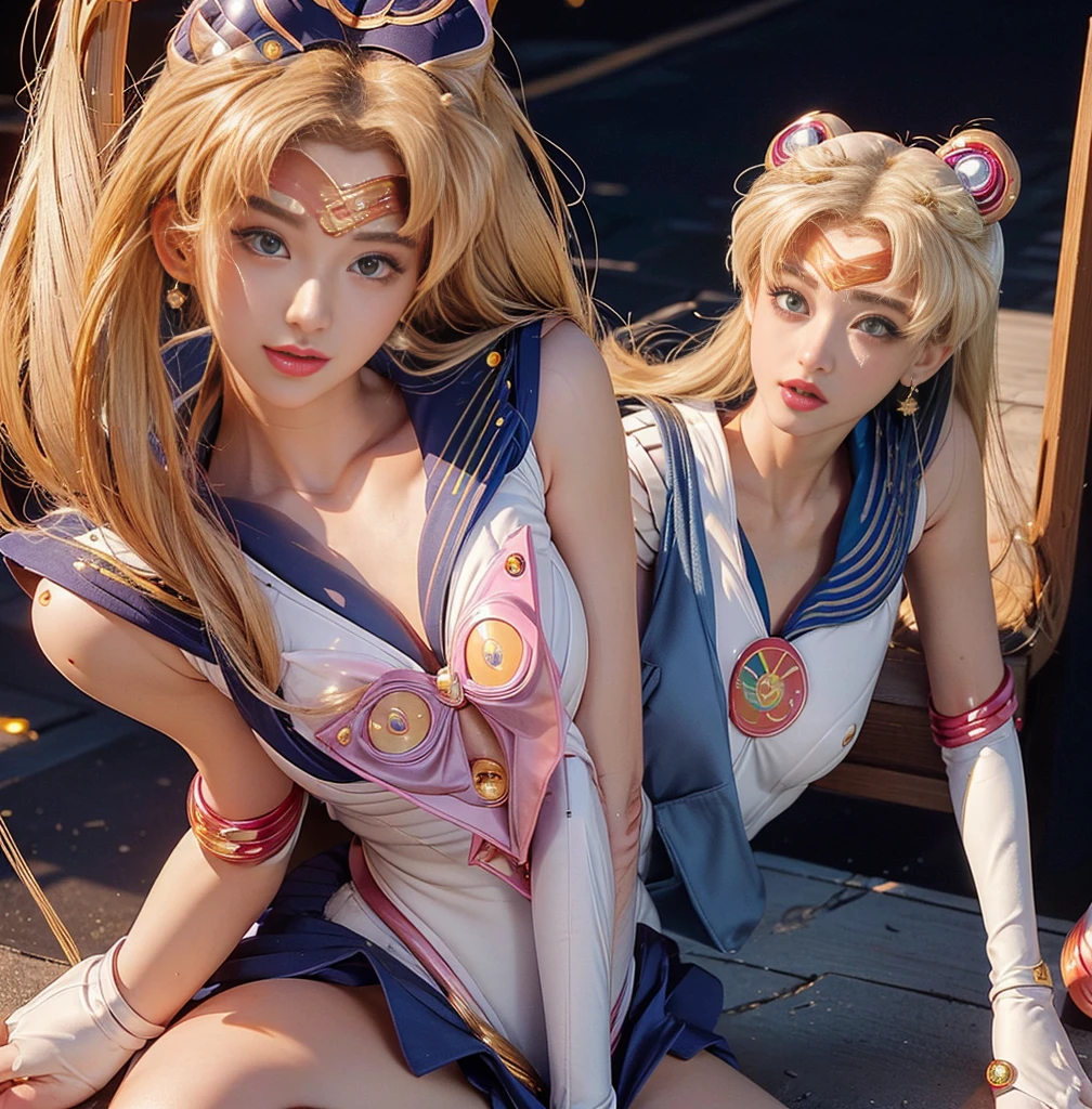 Highest quality，masterpiece，Ultra-high resolution, Very detailed, 8K，a 30 years old beautiful Japanese woman:1.5, Small face, Blonde, Breast Augmentation Surgery, (Detailed Sailor Moon costume:1.5), straddle