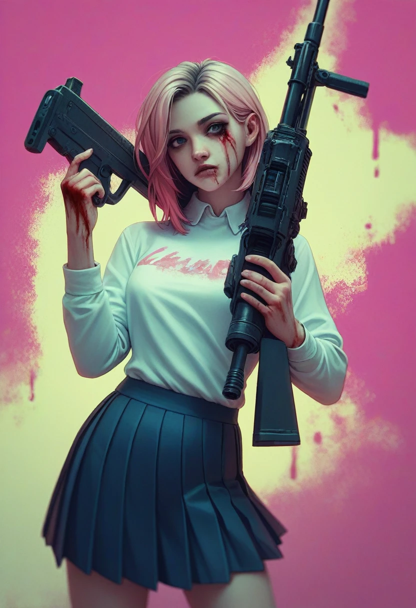 Beautiful girl in (pleated yoke skirt),с причёской Twin-Tail, with bloody hair, in neon background, M4A16 machine gun in hands, 3D wallpaper for phone.