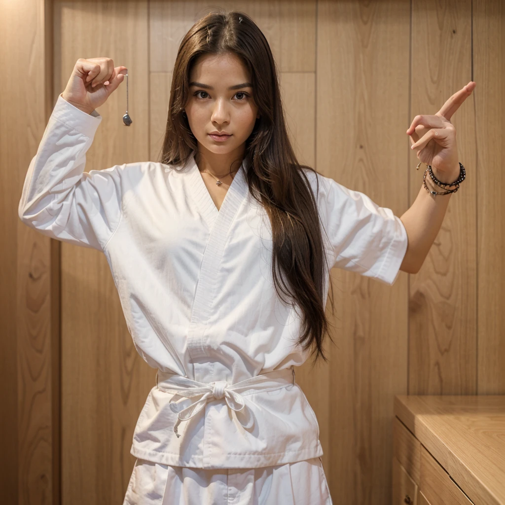 1girl in, 30 years old, Square face, Long hair, Looking at viewer, jewelry, Reality, Sexy, karate uniform, karate dojo , free pose