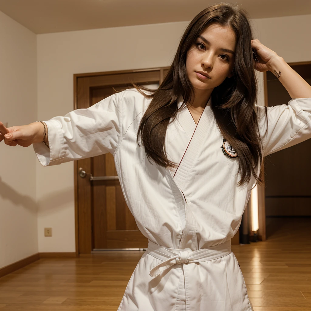 1girl in, 30 years old, Square face, Long hair, Looking at viewer, jewelry, Reality, Sexy, karate uniform, karate dojo , free pose