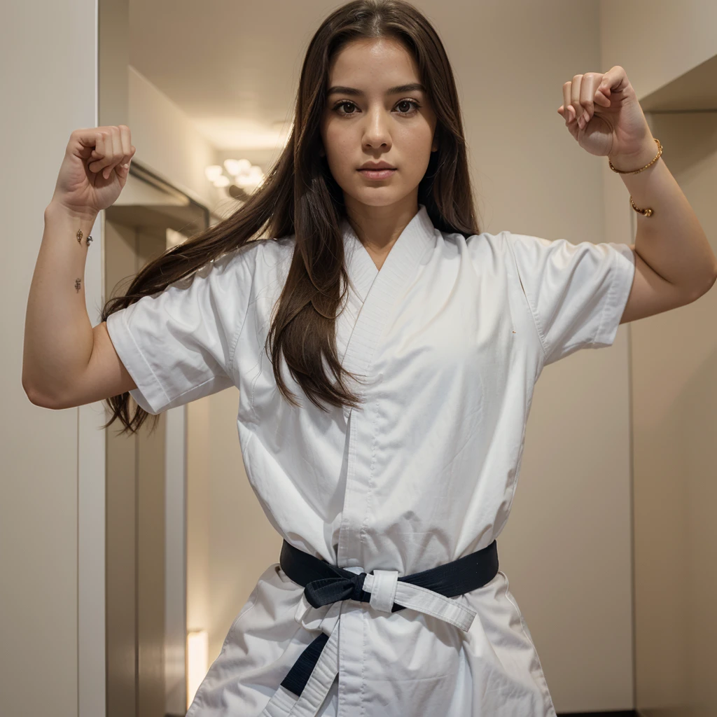 1girl in, 30 years old, Square face, Long hair, Looking at viewer, jewelry, Reality, Sexy, karate uniform, karate dojo , free pose