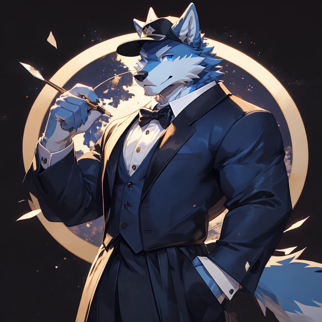Masterpiece, Solo, Furry Light Blue Wolf, Light Blue Fur,Dark Blue Eyes, Horns, huge body, Muscular Body, Cool Pose, Charming, Handsome, Good Looking, tuxedo outfit, cap, naked
