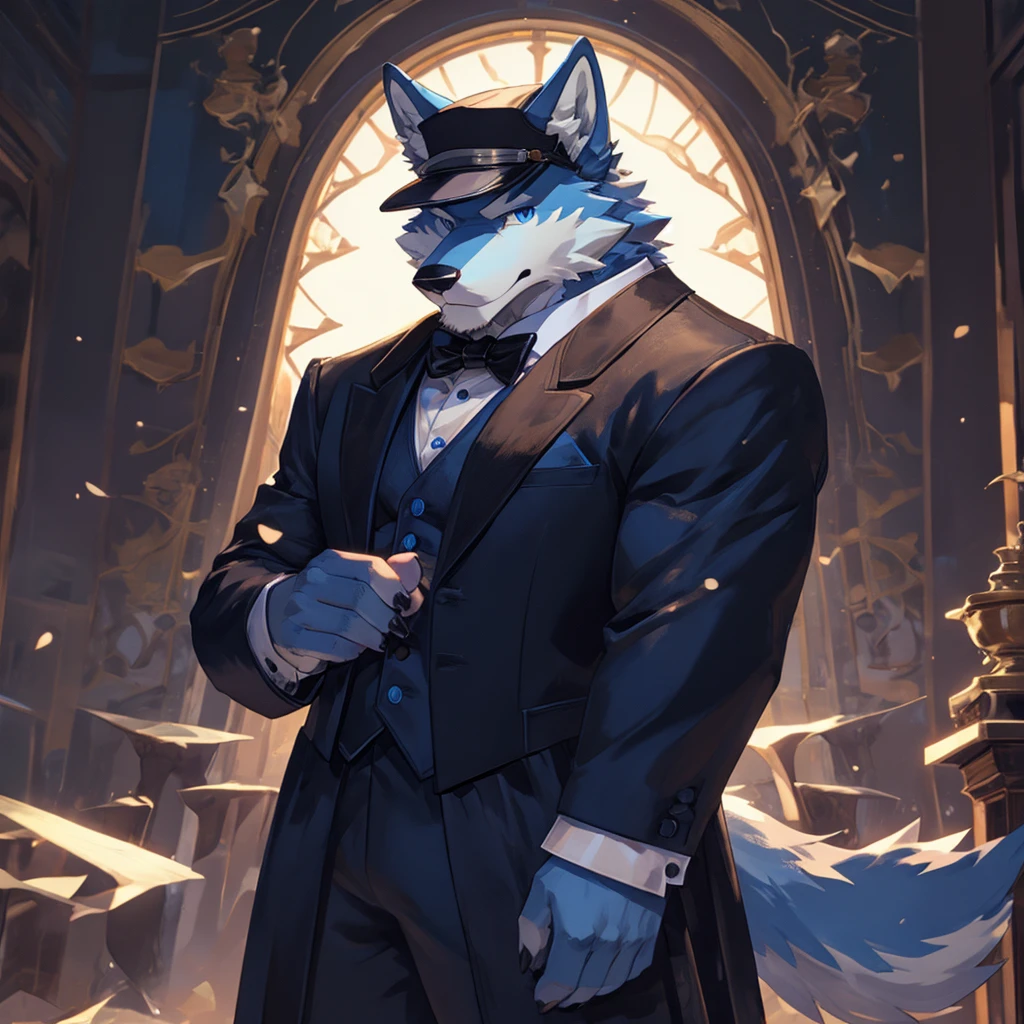 Masterpiece, Solo, Furry Light Blue Wolf, Light Blue Fur,Dark Blue Eyes, Horns, huge body, Muscular Body, Cool Pose, Charming, Handsome, Good Looking, tuxedo outfit, cap, naked