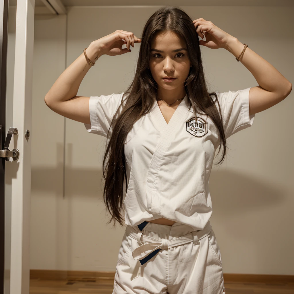 1girl in, 30 years old, Square face, Long hair, Looking at viewer, jewelry, Reality, Sexy, karate uniform, karate dojo , free pose