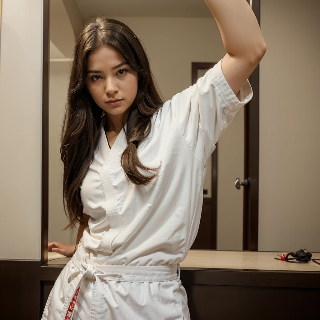 1girl in, 30 years old, Square face, Long hair, Looking at viewer, jewelry, Reality, Sexy, karate uniform, karate dojo , free pose
